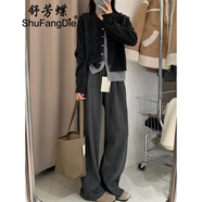 舒芳蝶（shufangdie）休閑褲女裝2025春季新款高級感酷颯拽姐韓系長袖針織上衣兩件套裝 單黑拼灰上衣+單灰色褲子 M
