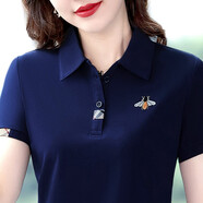 凡古拉短袖翻領(lǐng)T恤女2022夏裝新款繡花洋氣純棉polo衫顯瘦氣質(zhì)減齡上衣 寶藍(lán)(夏款) 女L(建議100-110斤)