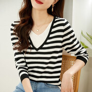 歐芙倫法式針織衫女2025秋季新款時(shí)尚假兩件拼接條紋長(cháng)袖軟糯毛衣女上衣 黑色條紋 均碼