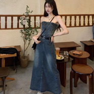 詩威琪2024復(fù)古牛仔背帶裙女夏秋森系小眾開叉收腰顯瘦甜辣連衣裙女 藍色包臀裙 M