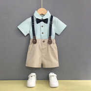 GOKU男童禮服套裝夏季兒童背帶褲花童小西裝英倫風(fēng)幼兒園畢業(yè)服演出服 綠色 130 （建議體重43-50斤）