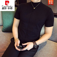 皮爾卡丹（pierre cardin）春秋短袖毛衣男修身韓版休閑百搭半高領(lǐng)男士針織打底衫英倫風(fēng)半袖 黑色 XL 120-135斤
