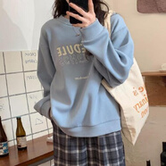 衛衣女春秋2022新款印花閨蜜裝寬松圓領(lǐng)無(wú)帽套頭百搭長(cháng)袖上衣潮 藍色 M