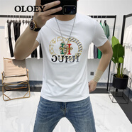 OLOEY 香港潮牌2024新款小蜜蜂t恤男刺繡亮片輕奢男士圓領(lǐng)絲光棉短袖 白色 XL