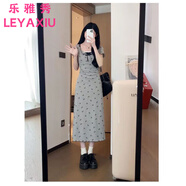 樂(lè)雅秀蝴蝶結(jié)印花假兩件連衣裙女遮肚子荷葉邊短袖長(zhǎng)裙短裙松本喪喪同款 灰色長(zhǎng)款 M 建議95-105斤