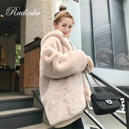Radinka2025秋冬新款毛絨絨仿皮草大衣女仿水貂毛寬松加厚軟糯連帽短外套 米杏色 S