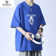 梵調(diào)（VEDEOL）短袖T恤男純棉重磅圓領(lǐng)寬松打底小汗衫半袖男裝印花白色小t 克萊因藍(lán) 2XL