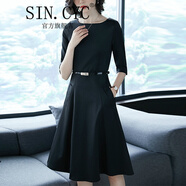 SIN.CYC女裝連衣裙收腰修身女夏季時(shí)尚氣質(zhì)顯瘦裙子女 黑色七/分/袖一肩領(lǐng)【有內(nèi)襯】 XL