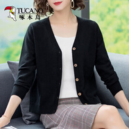 啄木鳥(niǎo)2026春秋季新款針織開(kāi)衫女裝長(cháng)袖韓版寬松外搭外穿毛衣短款外套潮 黑色 L建議110-120斤