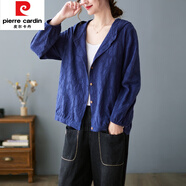 皮爾卡丹（pierre cardin）文藝復(fù)古提花棉麻連帽襯衫短外套女寬松休閑百搭薄款長袖開衫上衣 藍(lán)色 M【95-115斤】