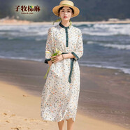 子牧棉麻夏裝 女時尚圓領(lǐng)套頭碎花撞色七分袖顯瘦連衣裙2640 白色 XL(建議120-130斤)
