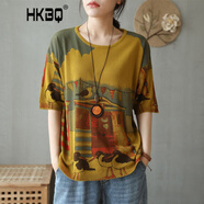 HKBQ 品質(zhì)輕奢潮牌文藝復(fù)古圓領(lǐng)棉短袖體恤衫女寬松印花棉麻半袖T恤休閑上衣 姜黃色 XL 140-160斤