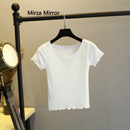 Mirza Mirror冰絲短款短袖T恤女打底衫夏季新款百搭套頭漏肚臍花邊針織T恤上衣 白色 均碼