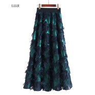 陸際（LUJI）半身裙 香港潮牌睫毛流蘇半身裙2021春夏季新款女裙時(shí)尚百搭仙女裙五角星大擺半身長(cháng)裙 深藍色 S