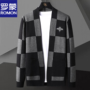 羅蒙（ROMON）秋冬季薄款格子針織衫外套男裝休閑上衣男士潮流帥氣修身開(kāi)衫毛衣 灰色8912格子蜜蜂 XL