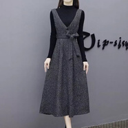 Lauaird 2022春秋季長(cháng)款毛呢加厚背帶裙修身連衣裙顯瘦時(shí)尚裙子女 深灰色背帶裙【單件】 L