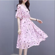 索宛亦（SUOWANYI）碎花雪紡連衣裙2021夏季新款中青年氣質(zhì)洋氣甜美收腰連衣裙 589-粉紅色 3XL 建議135-145