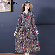 BLLDR潮牌文藝棉麻長(cháng)袖連衣裙女2024春季新款收腰顯瘦氣質(zhì)碎花中長(cháng)裙子 1號色 XL 100-120斤