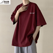 普戈斯（PUGESI）酒紅色320克重磅t恤男夏季廓形三本針落肩純棉短袖小領(lǐng)口情侶半袖 紅色 5XL