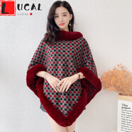LUCALY斗篷披肩女秋冬款加絨斗篷披肩女短款秋冬季仿皮草時尚豹紋版加厚保暖披風(fēng)大衣 紅色千鳥格 均碼