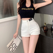 王熙麥黑色緊身高腰牛仔短褲女夏季打底美式外穿運(yùn)動(dòng)超短褲子A字熱褲 白色 2XL建議125-140斤