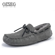 OZZEG澳洲豆豆鞋男鞋冬季加絨保暖休閑鞋真皮樂福鞋羊皮毛一體平底棉鞋 灰色 44