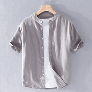 歌世爵夏季男裝亞麻休閑襯衫寬松圓領(lǐng)純色沙灘棉麻小清新文藝襯衣男 深灰色 2XL