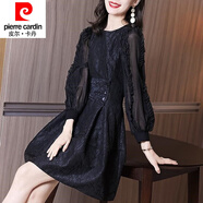 皮爾卡丹（pierre cardin）春夏法式小眾赫本風(fēng)氣質(zhì)小黑裙收腰顯瘦荷葉邊長袖內(nèi)搭打底連衣裙 黑色 3XL 【建議135-150斤】