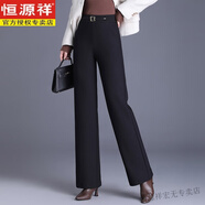 恒源祥時尚直筒西裝長褲女秋冬季新款中年媽媽加絨加厚高腰顯瘦闊腿褲子 黑色【春秋款】 XL 【建議111-120斤】