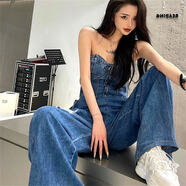 SSCURVE牛仔連體褲套裝女ins性感小眾抹胸牛仔連體褲女新款氣質(zhì)顯瘦闊腿 藍(lán)色 L