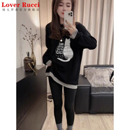 LOVER RUCCI2025新款德絨假兩件長(cháng)袖t恤女中長(cháng)款搭配鯊魚(yú)褲加厚打底衫秋冬季 黑色(黑灰小貓款 德絨款) L (建議105-125斤)