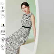 花木深新中式歐根紗連衣裙女春夏新款無袖肌理感高腰修身植絨紗裙 純黑 M