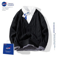 nasawassup官方潮牌聯(lián)名針織衫男秋冬季純色襯衫領(lǐng)假兩件保暖學(xué)院風(fēng)男士毛衣 黑色 3XL （建議160-180斤）
