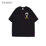 春庫德魯大叔刺繡全棉短袖純棉T恤男半袖夏季潮牌寬松百搭學(xué)生上衣女 144德魯大叔黑(高品質(zhì)新疆棉) S 90-110斤