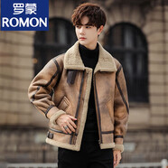 羅蒙（ROMON）復(fù)古飛行夾克外套男皮毛一體麂皮絨羊羔毛外套加厚大碼情侶皮衣潮 復(fù)古棕 L