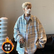 百鵲亭毛呢外套男2025秋冬季高級感格子襯衫外套男寬松加絨翻領(lǐng)夾克男 300藍色 【常規款  面料升級】 XL