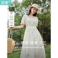 茵曼（INMAN）設(shè)計(jì)重工枝蔓繡花連衣裙2024夏女新品方領(lǐng)泡泡袖長(zhǎng)裙W18323095 淺杏色 S