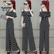 啄木鳥(niǎo)雪紡露肩連體褲女春2025夏新款垂感闊腿褲波點(diǎn)高腰顯瘦套裝褲裙褲 黑大白點(diǎn) 2XL