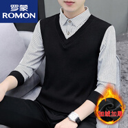 羅蒙（ROMON）2025男士假兩件套頭針織衫加絨加厚毛衣襯.衫領潮流春秋裝 【假兩件】白條紋 加絨 4XL 【165-180斤】