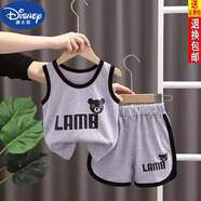 迪士尼（DISNEY）兒童夏季寶寶背心套裝男童小童洋氣兩件套嬰兒帥氣 無袖薄款衣服3 小熊背心套裝灰色 【純棉】 100