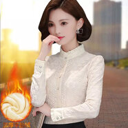 蕾絲打底衫女秋冬新款加絨加厚半高領(lǐng)時(shí)尚打底衫鉤花網(wǎng)紗保暖上衣 杏色【加絨加厚】 M 建議：95-105斤