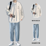 普戈斯胖子大碼240斤華夫格衛(wèi)衣男春秋寬松學(xué)生圓領(lǐng)長袖T恤外套大碼男裝 白色兩件套 XL