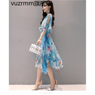vuzrmm輕奢印花雪紡連衣裙女沙灘裙新款2022波西米亞裙子中長款度假長裙 藍色印花袖口沒有定珠 M