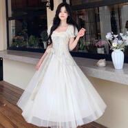 歌百夢云夢汐 夏季新款法式甜美碎花拼接長裙單件蕾絲紗網(wǎng)蝴蝶結(jié)設(shè)計 連衣裙# L