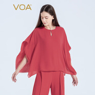 VOA重磅真絲30姆米紅色圓領(lǐng)蝙蝠袖一粒珍珠扣喬其拼接寬松T恤 BE1623 夢(mèng)想紅（H06） L