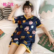 仙之儀睡衣女夏季短袖短褲卡通可愛仿真絲休閑韓版冰絲家居服兩件套裝 2244V領(lǐng)藍(lán)粉兔 L