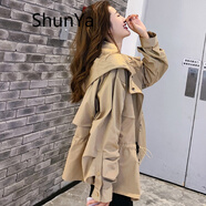 shunya潮牌短款風(fēng)衣女2024春秋裝新款寬松顯瘦小個(gè)子上衣連帽收腰小外套 卡其色 M 80-110斤