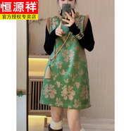 恒源祥新中式復(fù)古國(guó)潮風(fēng)拼接毛毛無(wú)袖馬甲旗袍裙打底衫兩件套女秋冬新款 套裝中長(zhǎng)款【綠色旗袍裙+打底衫 2XL 120-135斤