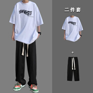 曙影（SHUYING）短袖t恤男套裝夏季休閑兩件套男裝ins潮流帥氣青少年一套搭配衣服 T178白色短袖+M15黑色 2XL