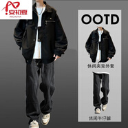 安初夏夾克外套男士休閑套裝春秋季新款一套衣服男裝潮流搭配寬松兩件套 TOP1黑色兩件套 XL 【推薦125-145斤】